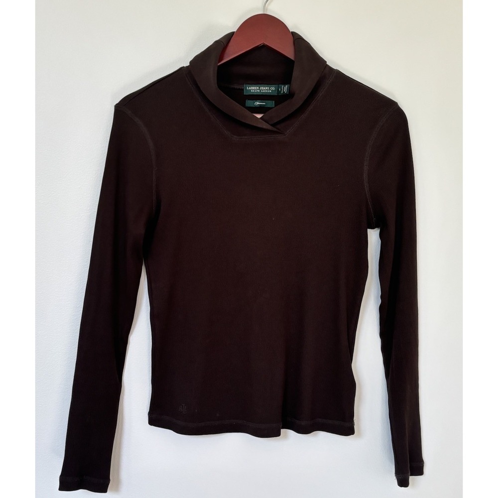 Ralph Lauren Premium Ribbed Knit Long Sleeve Top-Brown-Size Small 100% Cotton
